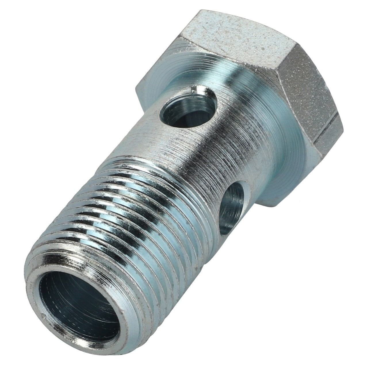 A close-up image of the AGCO Banjo Bolt - Acw0636090, featuring a metal hex head with threads and two holes running through it. No current product description information is available.