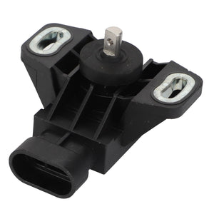 The AGCO Angle Sensor - 6248230M1 is a black plastic automotive sensor with a metal pin and two mounting holes, compatible with Massey Ferguson models.