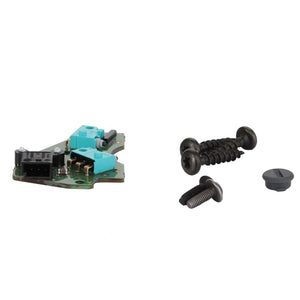 The AGCO | CIRCUIT BOARD - F931502031060 features connectors and two blue components on the left side, accompanied by screws and a circular cap on the right side, all set against a white background. No current product description information available.