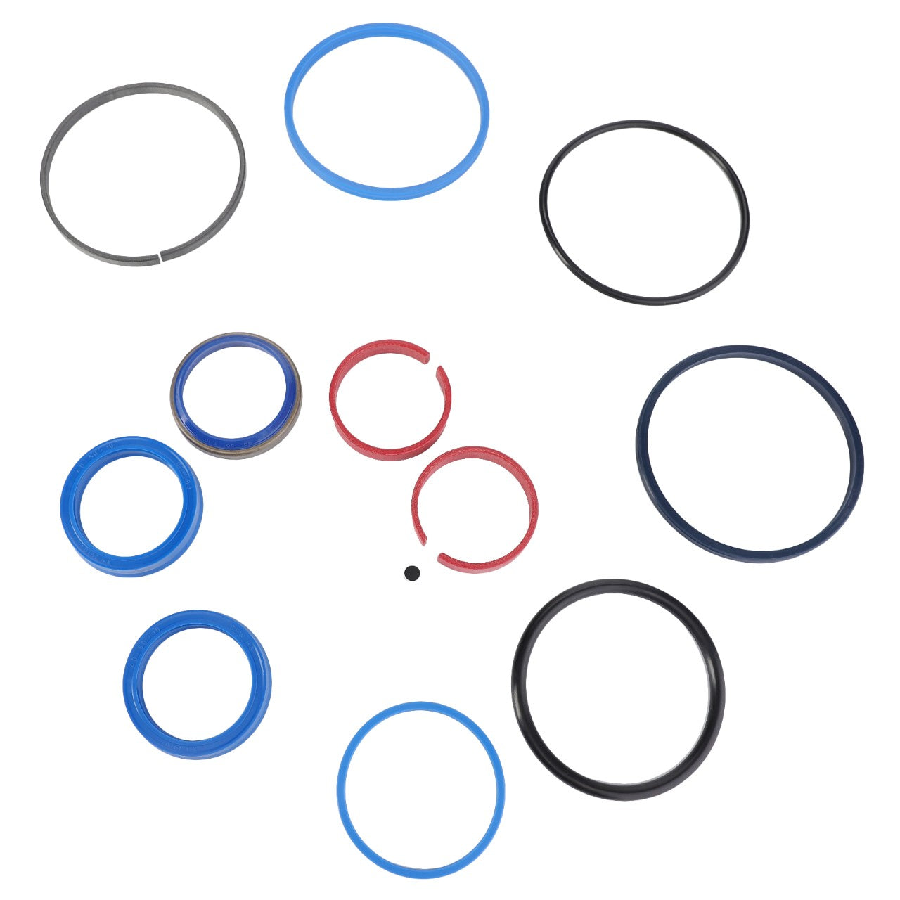 A collection of variously sized and colored O-rings and seals arranged on a white background. The AGCO | Kit, Joint - Al5033715 includes rings ideal for Valtra Models, available in blue, red, black, and grey colors.