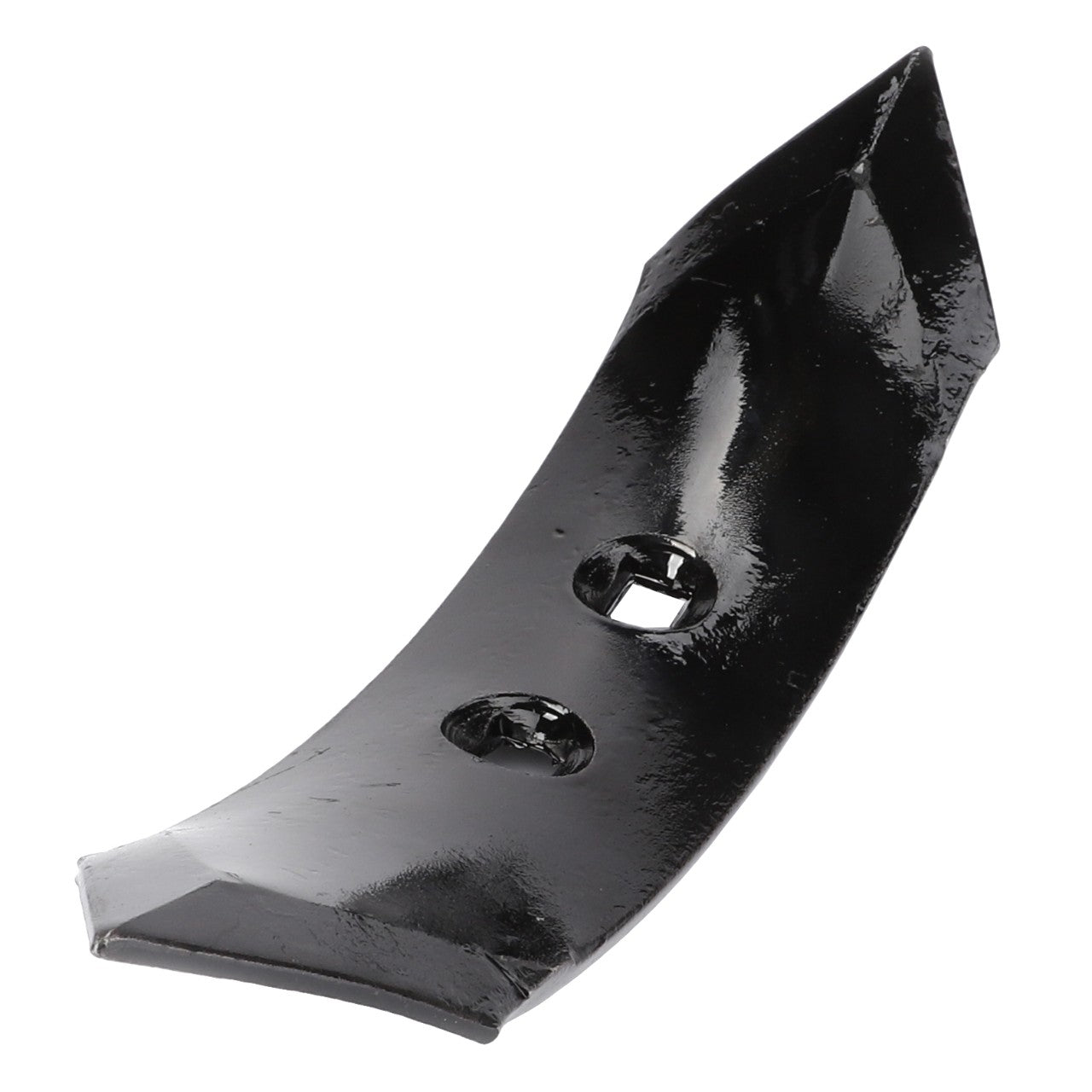 A black, metal shovel blade that embodies the precision of Massey Ferguson's designs, branded as AGCO 646740M1, featuring two drilled holes near its center.