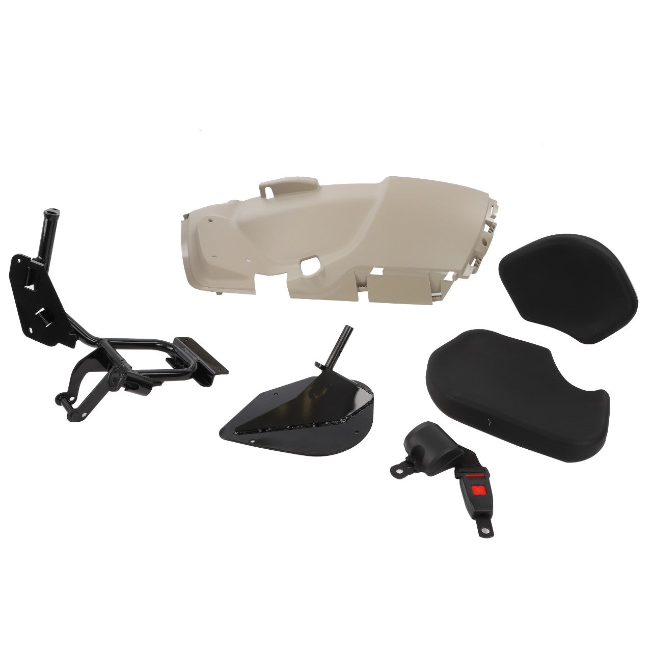 Image displaying various automotive interior parts from the AGCO Kit, Seat - Acw078776C, including a beige dashboard panel, black mounting brackets, a black seat cushion, a black armrest, and a red seatbelt buckle. No current product description information is available.