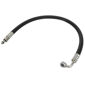 The AGCO | HOSE - D45070031 by AGCO is a black flexible hose equipped with metal connectors at both ends, one straight and the other angled, likely used for fluid or gas transfer applications. No current product description information is available.