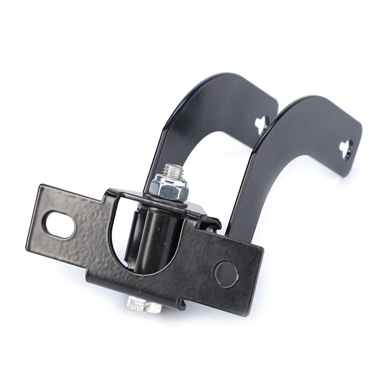 The AGCO | Bracket - Acw0622490 from AGCO epitomizes elegance with its sleek black metal design, featuring two hooks, a bolt, and screw holes against a pristine white background.