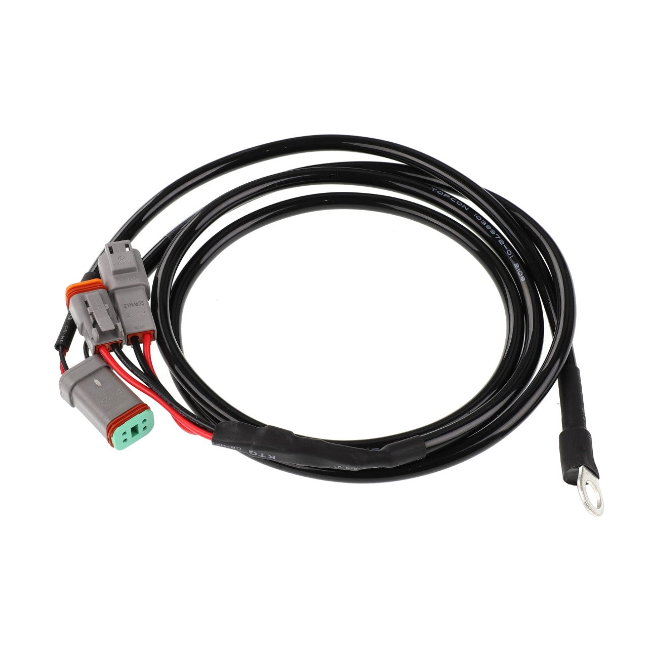 The AGCO Valve Harness - Acw1827500, a sleek black electrical wiring harness from AGCO, features several connectors and a sturdy metal ring terminal to ensure seamless connectivity and reliability.