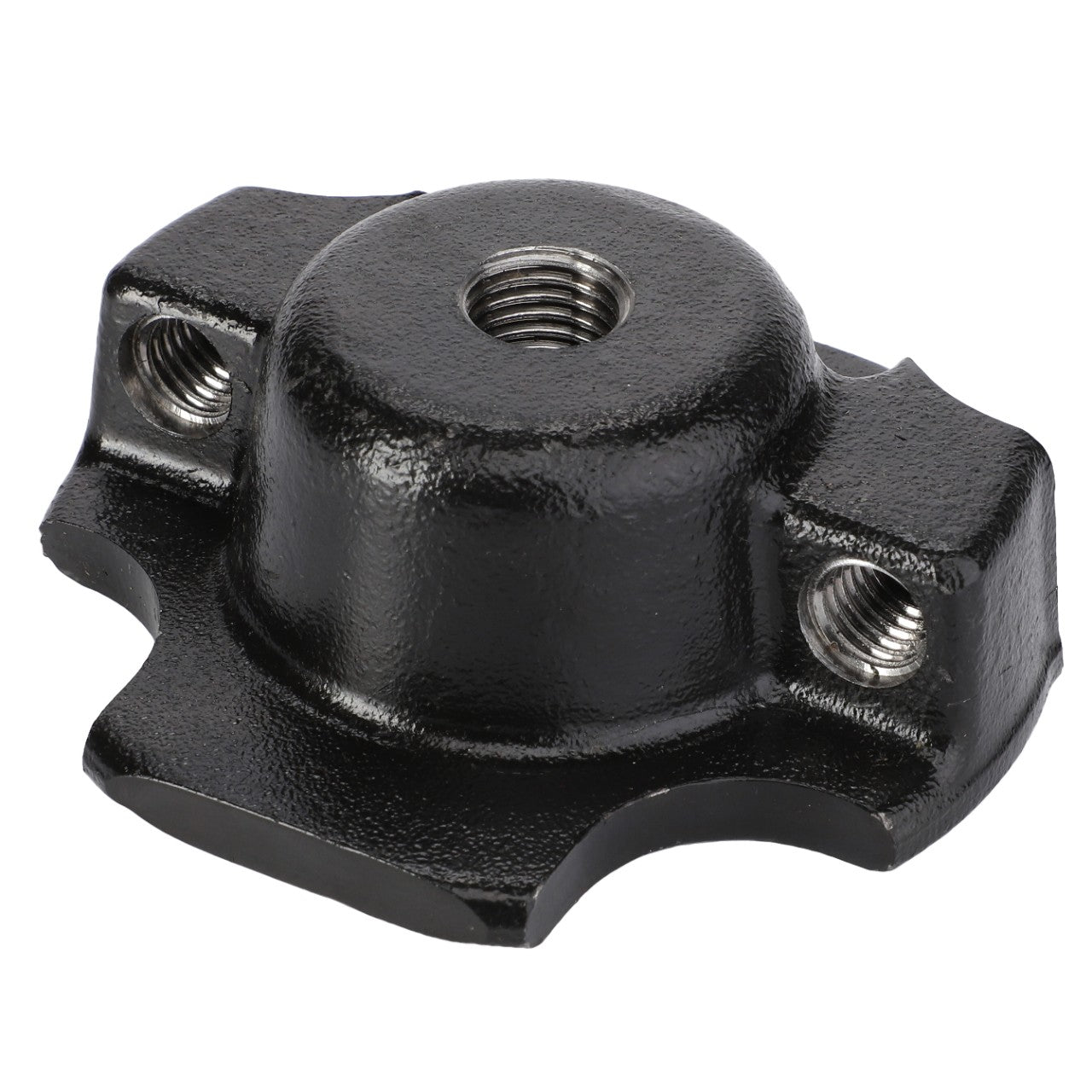 AGCO | Locator - Acw0152150 is a black metal round base, featuring three threaded holes and a central threaded opening, designed for mounting or attaching purposes. No current product description available.