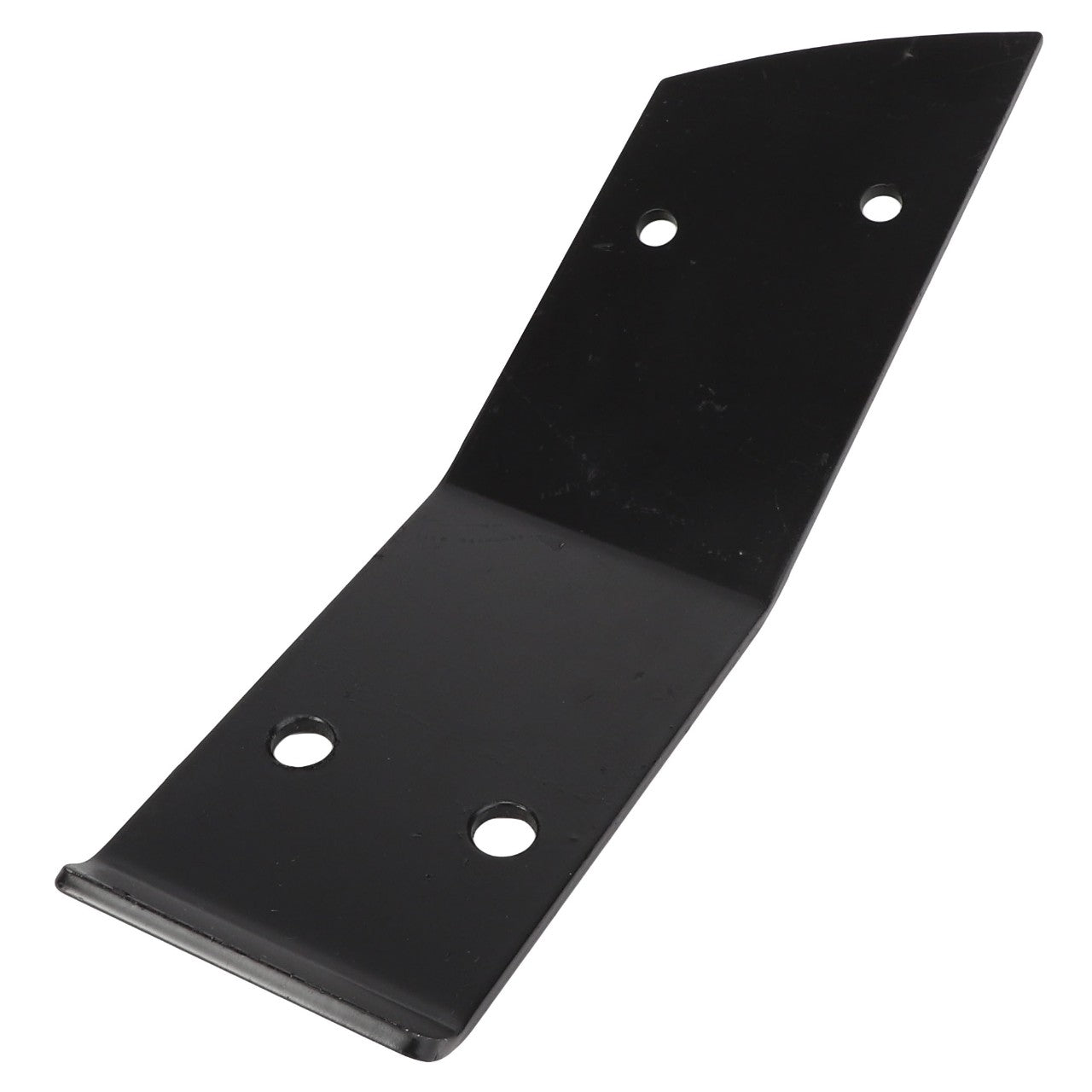 No current product description information is available for the AGCO SCRAPER - E70132, a black metal bracket featuring a 90-degree bend and four holes for screws.