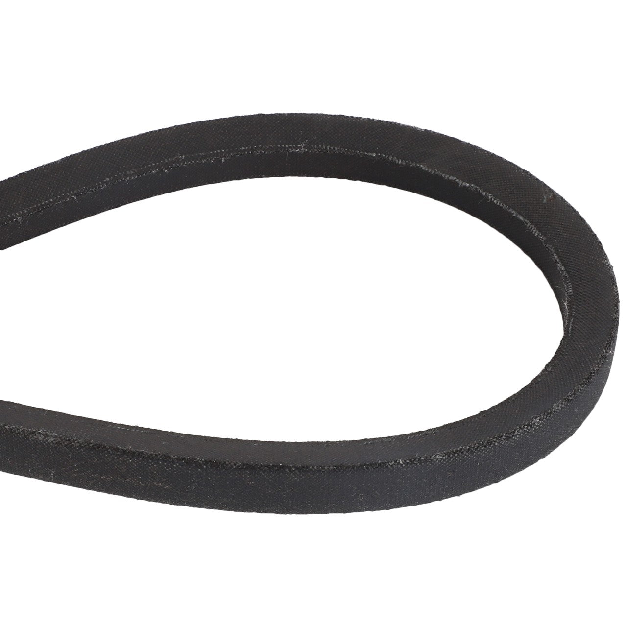 Close-up of the AGCO Belt - Cg350628140, a black rubber V-belt forming a loop on a white background, perfect for Valtra and Massey Ferguson machinery.