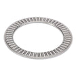 The AGCO Needle Roller Bearing - 3816850M1, featuring a silver circular design with elongated radial grooves, is ideal for reducing friction in Massey Ferguson machinery.