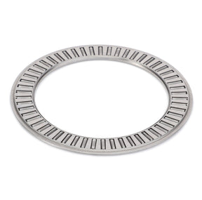 The AGCO Needle Roller Bearing - 3816850M1, featuring a silver circular design with elongated radial grooves, is ideal for reducing friction in Massey Ferguson machinery.