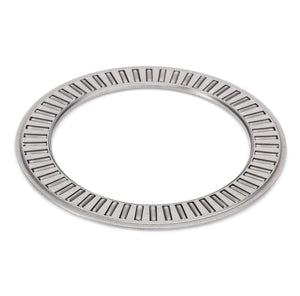 The AGCO Needle Roller Bearing - 3816850M1, featuring a silver circular design with elongated radial grooves, is ideal for reducing friction in Massey Ferguson machinery.