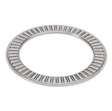 The AGCO Needle Roller Bearing - 3816850M1, featuring a silver circular design with elongated radial grooves, is ideal for reducing friction in Massey Ferguson machinery.