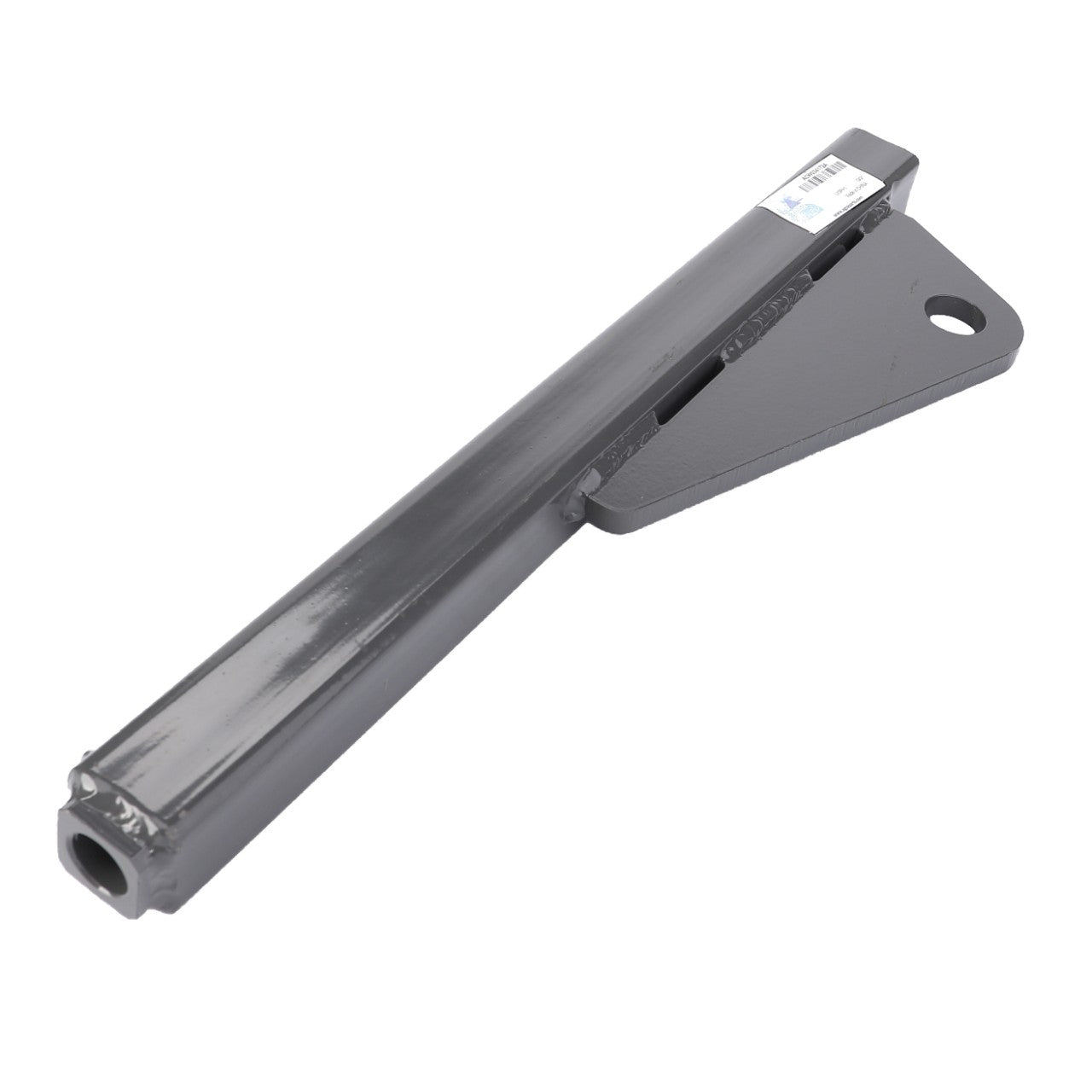 The AGCO | Slipper - Acw034172A is a sturdy gray metal bracket with a rectangular body, featuring a diagonal support and a hole at one end. The body is marked with an identification label that includes both barcodes and text for easy tracking, making it easy to identify as part of the AGCO brand.