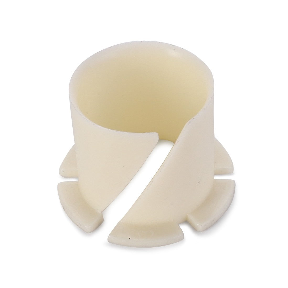 The AGCO Bearing - 3699935M1, a white plastic cylindrical clip featuring a vertical slit and four small protruding tabs at the base, is ideal for securing components on Massey Ferguson models.