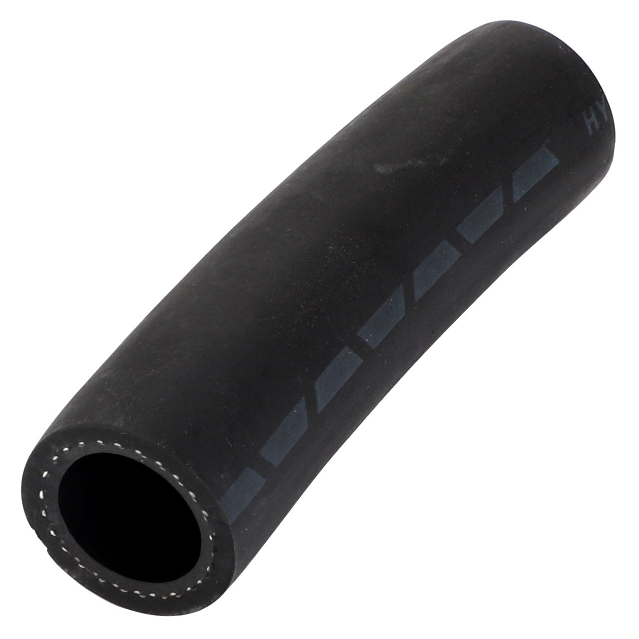 A black, cylindrical rubber hose with a slight curve and printed markings on its surface; product name AGCO | Hydraulic Hose - Acw3613890 by AGCO.