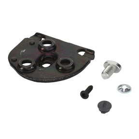 Product Name: AGCO | SMALL PARTS KIT - F930500030610 by AGCO includes a metal automotive bracket with attached screw holes, a bolt, a small screw, a washer, and a circular plastic cap. Please note that no current product description information is available for this item. All components are arranged on a white background.