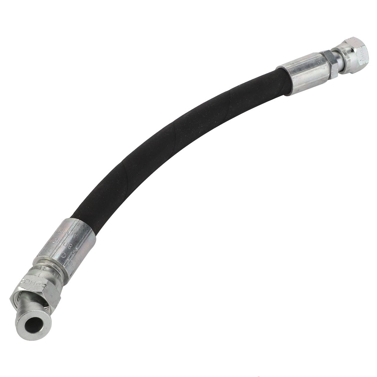 The AGCO Hydraulic Hose - Acw1549770 is a versatile black hose featuring durable metal connectors at both ends, making it ideal for a range of plumbing and mechanical applications.