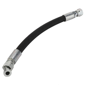 The AGCO Hydraulic Hose - Acw1549770 is a versatile black hose featuring durable metal connectors at both ends, making it ideal for a range of plumbing and mechanical applications.