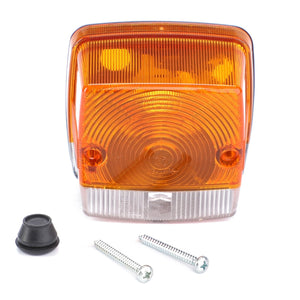 A rectangular orange and clear vehicle light cover, complete with screws and a rubber grommet, specifically designed to ensure optimal illumination for Massey Ferguson Models, known as the AGCO Turn Signal & Position Front with 5W & 21W side bulbs - part number 3476059M91.