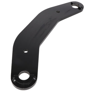 The AGCO | LINK - AL246603 by AGCO is a black, curved metal bracket featuring three differently sized holes and a glossy finish. The bracket currently lacks any additional product description, but it seems to be intended for industrial or mechanical applications.