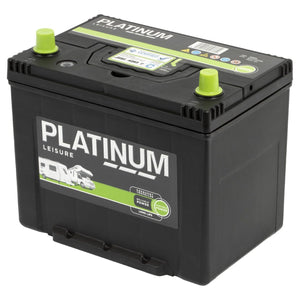 The AGCO Platinum International Battery - 3933847M1 is a black leisure battery tailored for vehicles such as 2 to 4 berth motorhomes. It includes two green terminals on top and various labels detailing its specifications and usage.