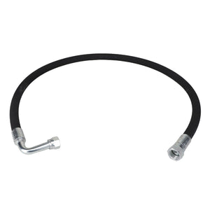 The AGCO | HOSE - ACP0520970 is a flexible black rubber hose featuring metal connectors at both ends; one connector is straight while the other is bent at a 90-degree angle. For questions before ordering, please contact our support team.