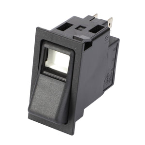 The AGCO | ROCKER SWITCH - V30944100 by AGCO is a black rectangular rocker switch featuring a white switch indicator and metal prongs at the back for electrical connections. Currently, no additional product description information is available.