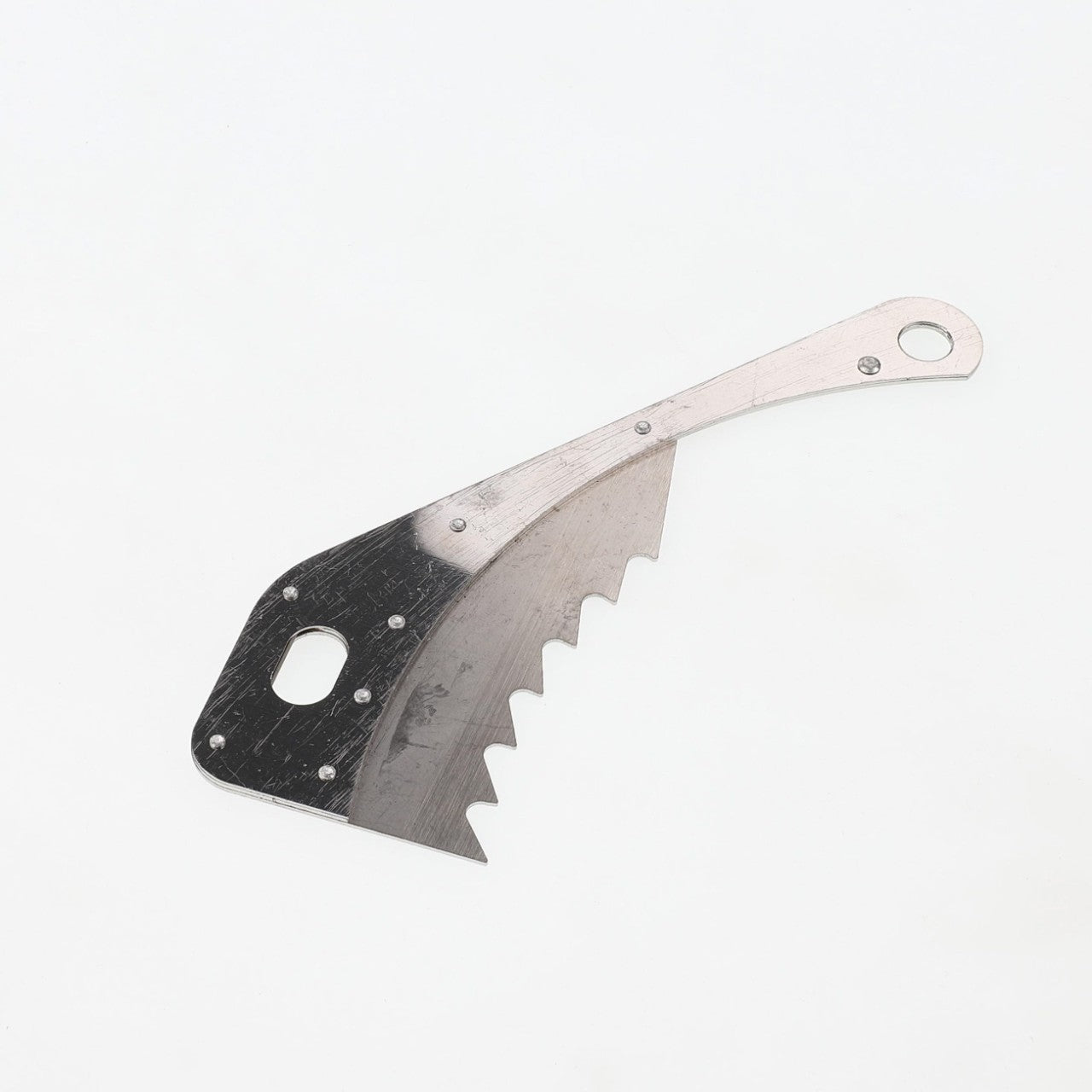 The AGCO | SELECTOR - ACM4100133 is a versatile metal tool featuring a jagged, serrated edge and a hole at each end, specifically designed for cutting or sawing. For product questions or ordering details, please contact support.