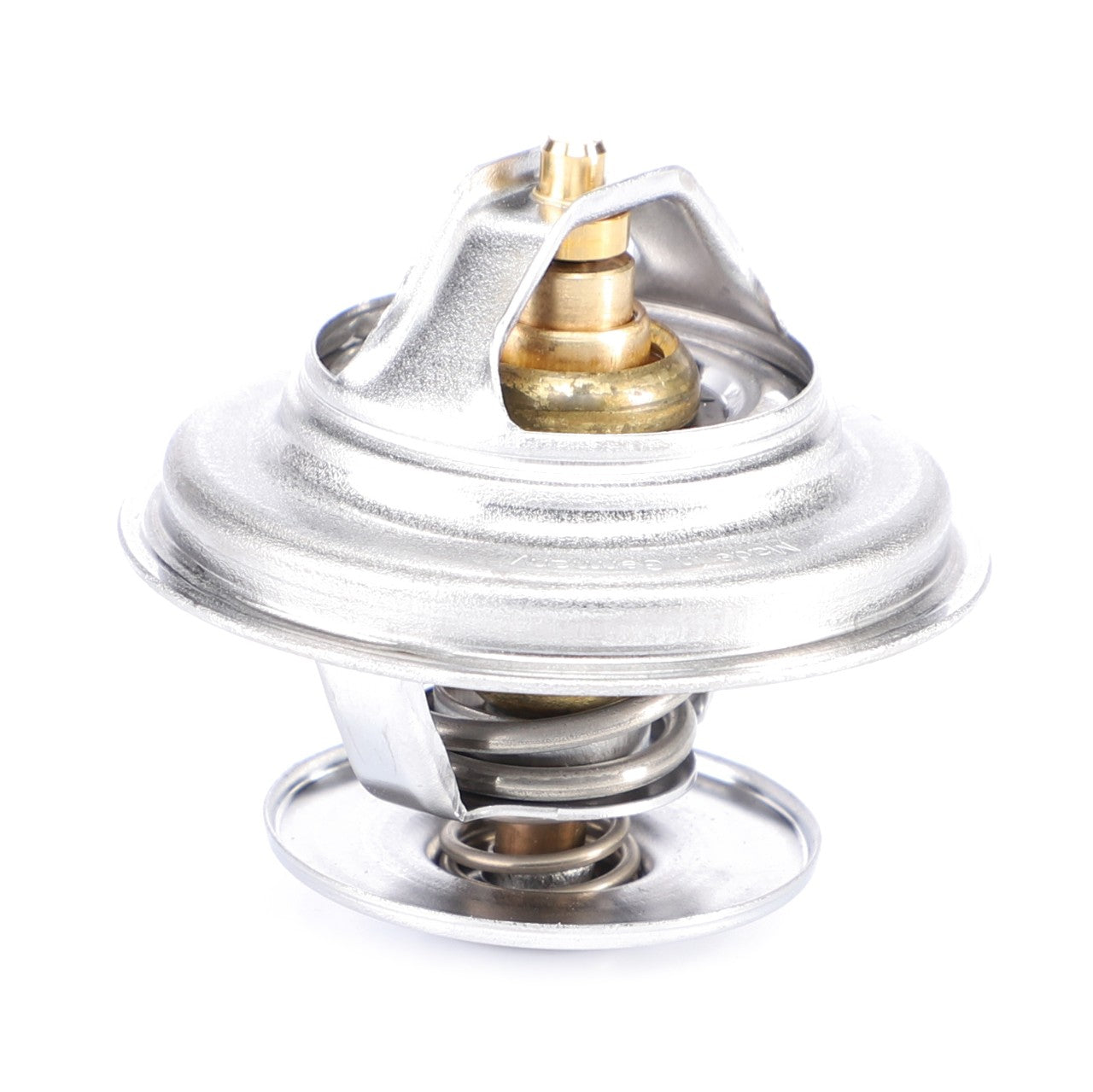 The AGCO Genuine Thermostat (F119202050030), featuring a spring mechanism and a brass component engineered from high-quality materials, is shown on a white background. This metal automotive thermostat ensures optimal engine temperature regulation.