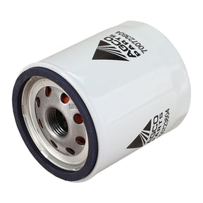 Image of the AGCO Engine Oil Filter Spin On - 700723604, a white cylindrical filter with metallic parts exposed at one end, featuring the AGCO logo and technical details printed on the body. This filter extends component life by providing optimal wear and corrosion prevention.