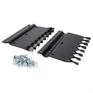 Two AGCO Knife, Second Cleaner - D28810631 components in black with slots and matching screws and nuts, designed for uniform harvest cuts, arranged on a white background.