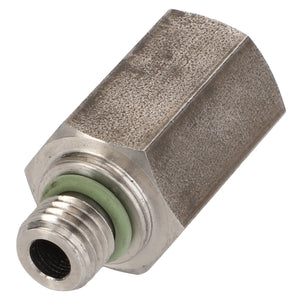 The AGCO Adapter - ACW2023930 is a metal hexagonal coupling featuring threading on one end and a green O-ring near the threaded section. No current product description information is available.