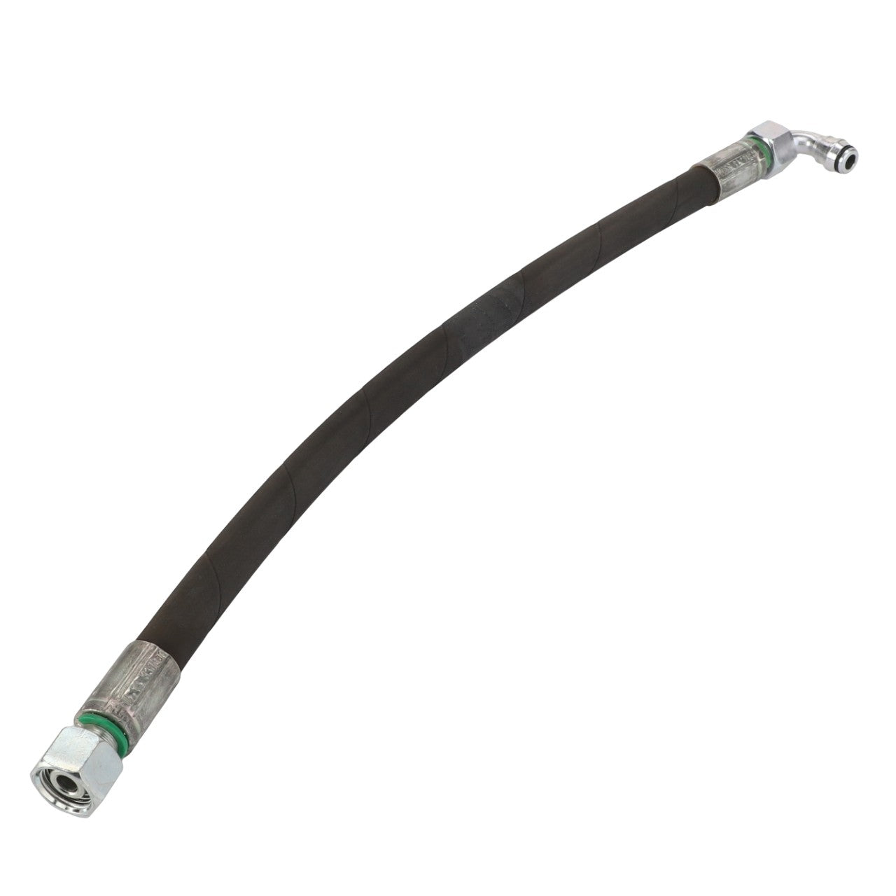 Currently, there is no detailed product description available for the AGCO Hose - Acp0418640, a black hydraulic hose equipped with metal fittings on both ends. One fitting features a straight design, while the other is bent at a right angle.