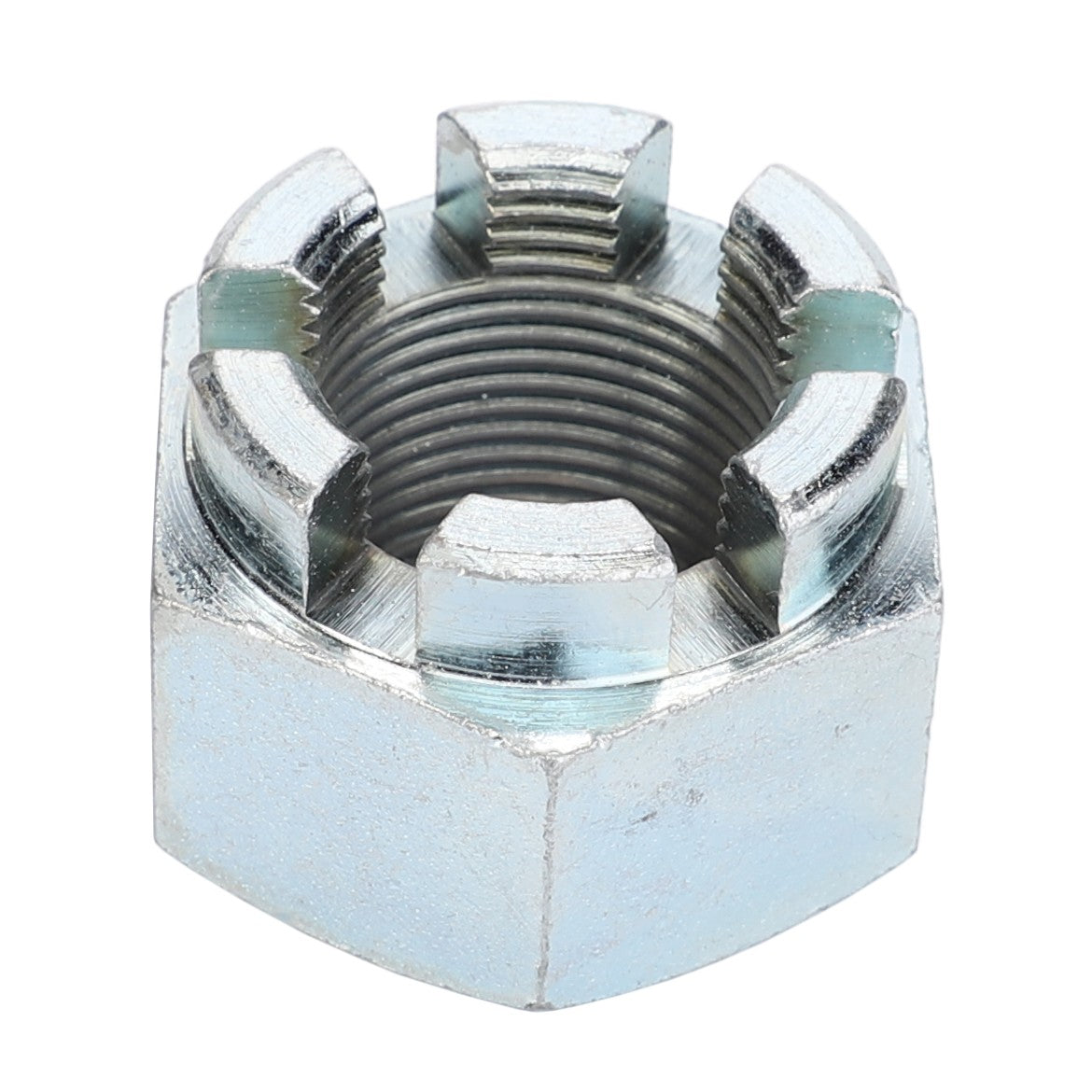 There is no current product description available for the AGCO Castle Nut - Va023472, a silver castellated hex nut with grooves on the top, viewed from above on a white background.