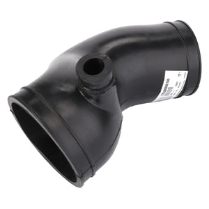 A black plastic pipe elbow with a small hole on the side and an attached label, designed for integration into AGCO's Air Hose, For Air Intake (725200090100), ensuring maximum durability.