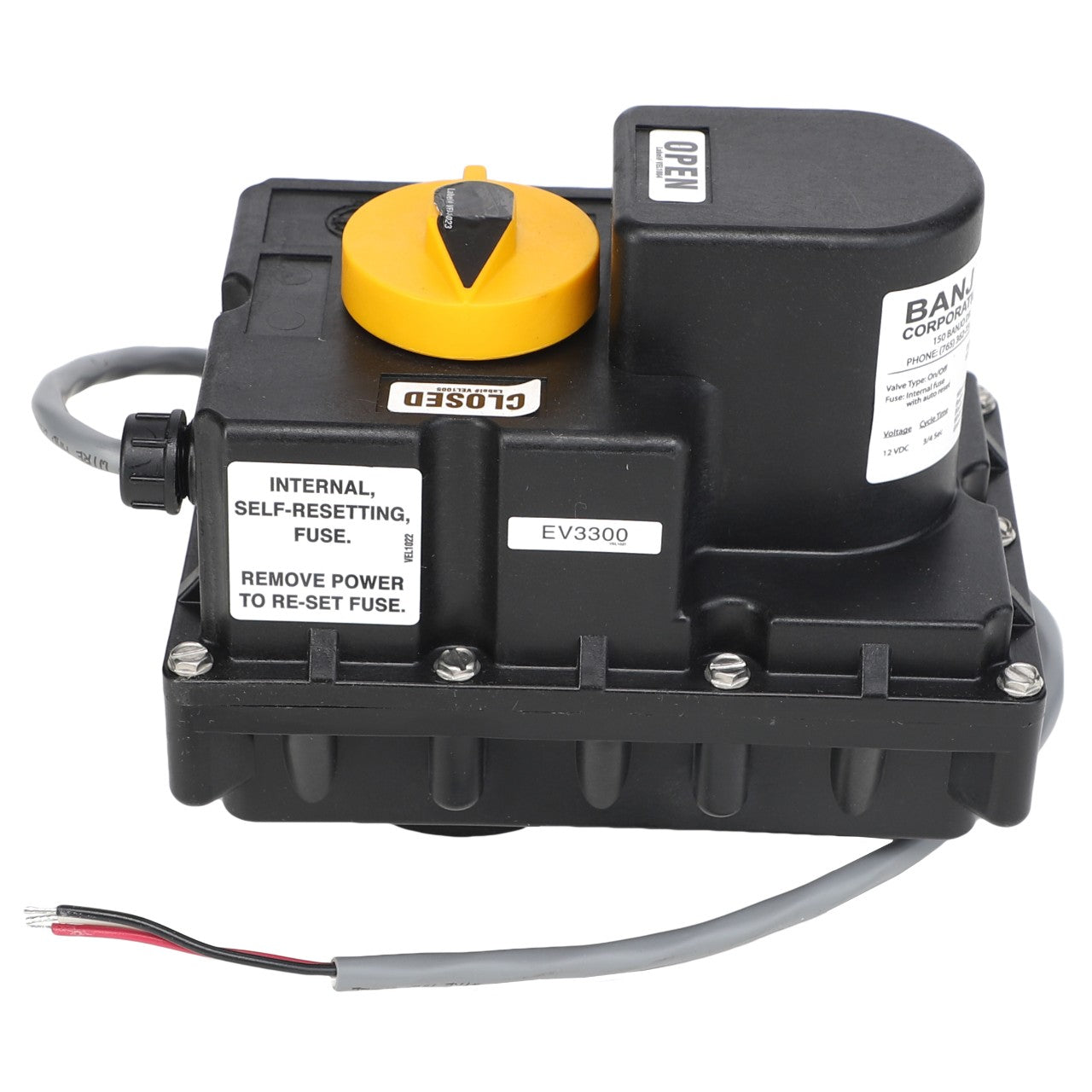 Introducing the AGCO | ACTUATOR - AG429172, an electrical component from AGCO featuring multiple wires, a switch labeled "Open," and a sticker indicating an "Internal, self-resetting fuse. Remove power to reset fuse," commonly found in electric valve assemblies.