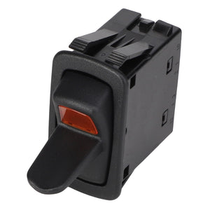 Product Description: The AGCO | Paddle Switch - AG124435 is a black rocker switch featuring a red indicator light on the front and two connection prongs on the back. At present, no additional product description information is available beyond these basic features.