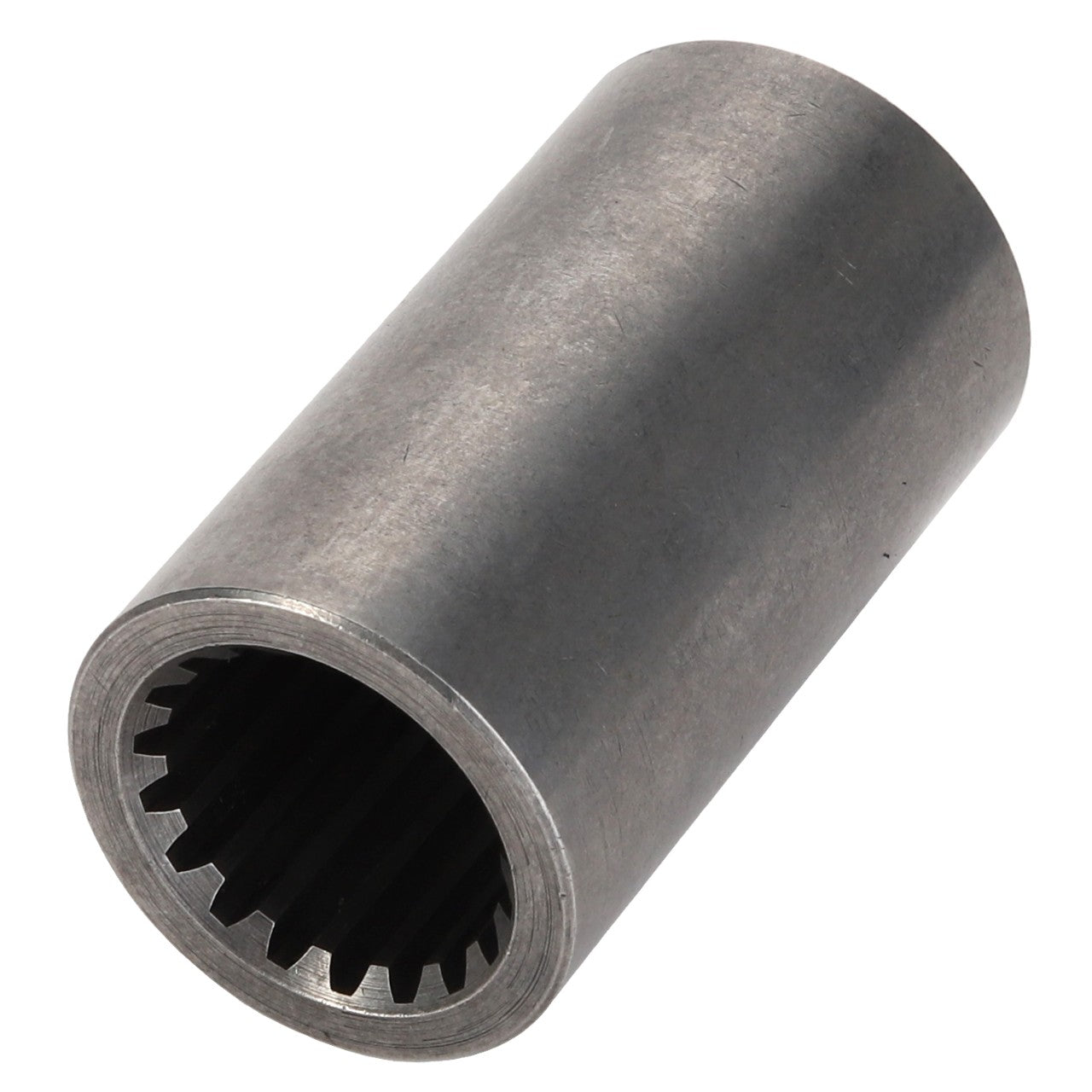 The AGCO | SHAFT COUPLER - ACY1230140, produced by AGCO, is a cylindrical metallic bushing with a hollow center and a serrated interior edge. Note that detailed product description information is not currently available beyond these details.