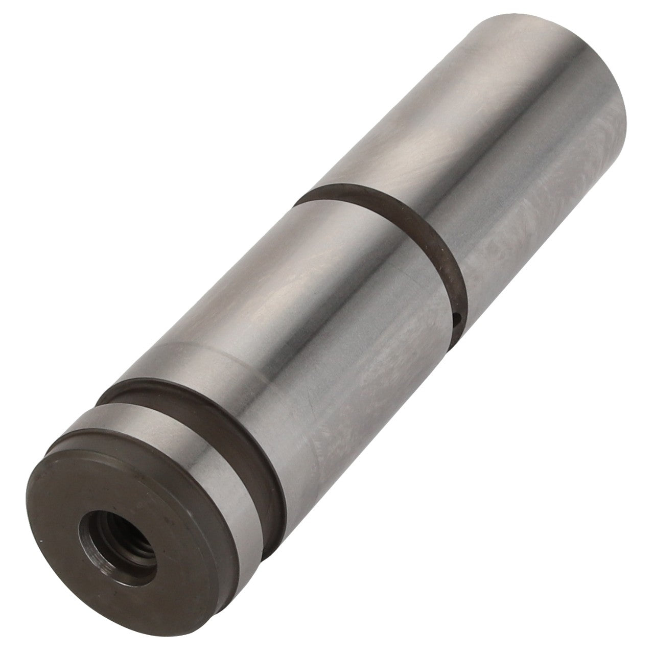 The AGCO Shaft - V836146879, a cylindrical metal component by AGCO, features intricate grooves around its circumference and a threaded hole on one end.