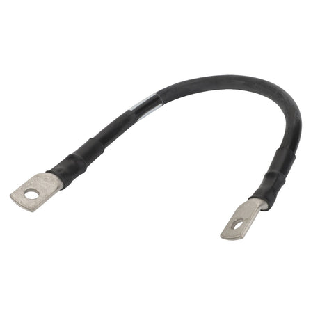 The AGCO | Negative Battery Cable - Acw355820A, a black electrical cable, features two metal lug connectors at each end to ensure a secure and reliable connection.