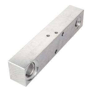 The AGCO | Valve Block - Acw383234B is a rectangular metallic block featuring threaded holes and smaller drilled holes along its length, designed for versatile applications.