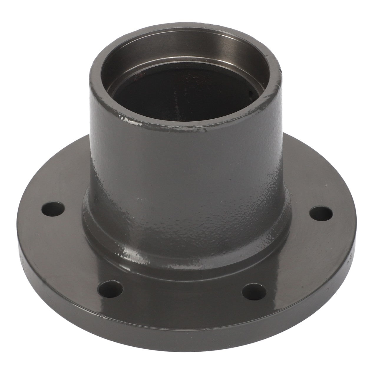 The AGCO Rotor Hub - Fel15032209 is a robust cylindrical metal flange adapter featuring a wide base and four strategically positioned bolt holes.