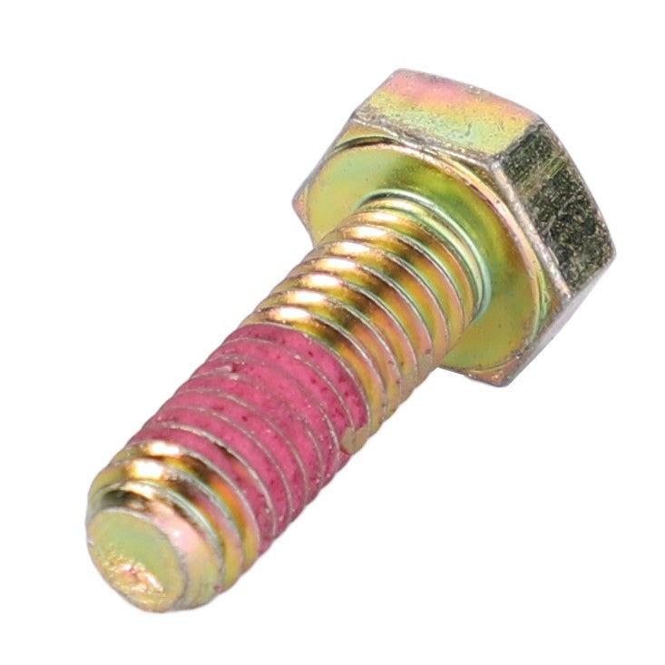 The AGCO Hexagonal Head Bolt - 71386951, featuring a threaded shaft with a gold-colored finish and a section of red threadlocker near the tip, is ideal for use in Massey Ferguson Models.