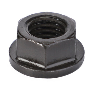 A dark metal AGCO Nut (Model V836859110) with a flange, perfect for Massey Ferguson Models, displayed on a white background.