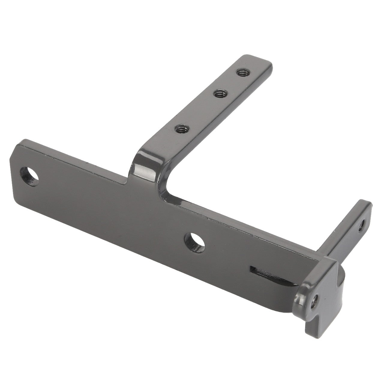 The AGCO Bracket - Acx2750710 from AGCO is a black metal bracket featuring multiple holes and slots, providing versatile mounting or securing options for a wide range of hardware needs.