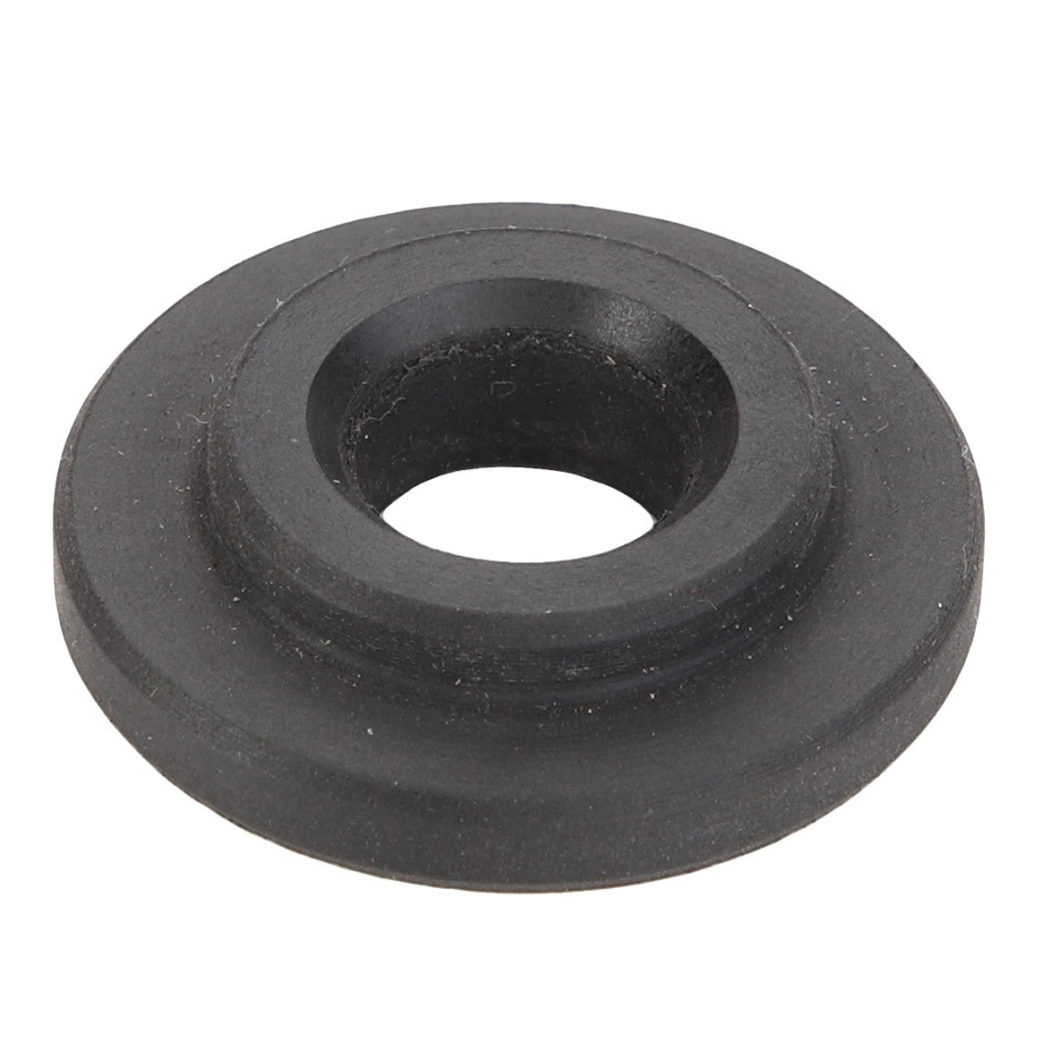 The AGCO | Bush - Acp0336110, a black rubber grommet with a circular shape and a hole in the center, is elegantly displayed against a pristine white background.