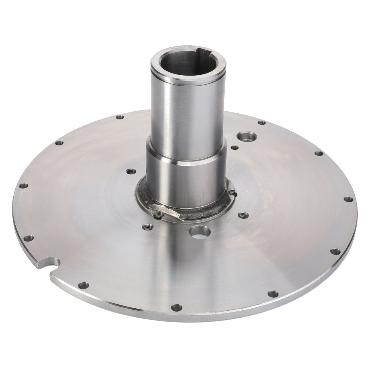 Introducing the AGCO Hub, Beater Transmission - D28380702, a metal mechanical component featuring a flat circular base with multiple holes and a cylindrical shaft extending vertically from the center, designed to ensure peak efficiency in your machinery with genuine AGCO Parts quality.