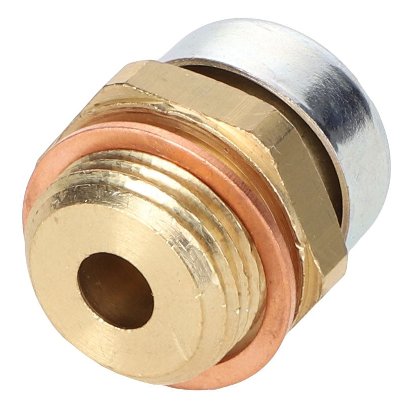 Close-up of the AGCO Breather Plug - Acp0360850, a brass threaded fitting with a hollow center. It features a hexagonal base and a metallic top section. Please note, there is currently no product description available beyond these details.