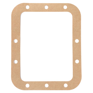 The AGCO Gasket, Gearbox Housing - V31078900 is a brown rectangular gasket with rounded corners and eight evenly spaced holes around the edge, offering reliability and performance for your gearbox housing.