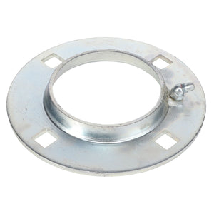 The AGCO FLANGE - EP6577, a metal flange, is ideal for agricultural applications. It features a central circular opening, four square notches around the perimeter, and a small protruding screw on the outer ring. Perfect for Flangette assemblies, this flange is zinc plated to ensure corrosion resistance.